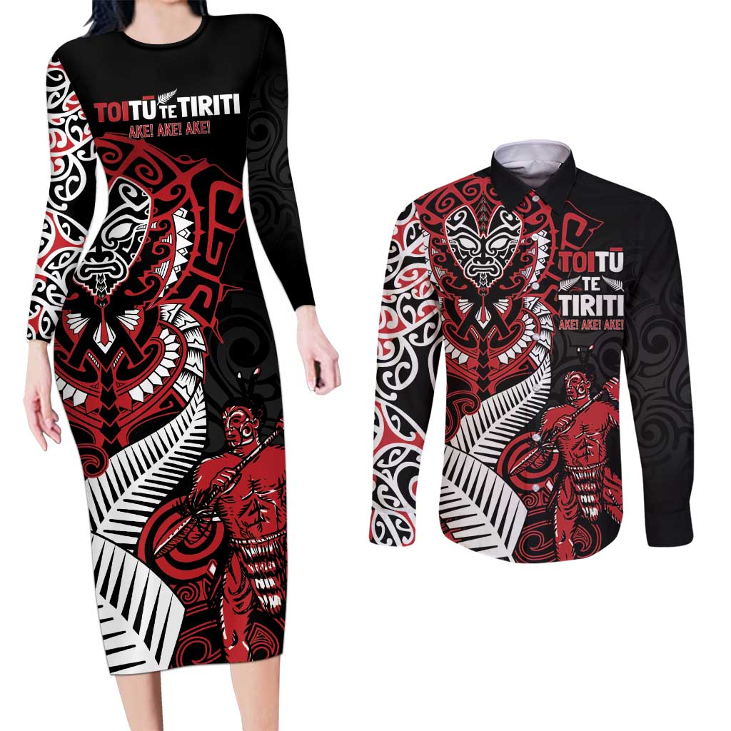 Aotearoa Toitu Te Tiriti Couples Matching Long Sleeve Bodycon Dress and Long Sleeve Button Shirt Whakairo Wheku LT7 Black - Polynesian Pride
