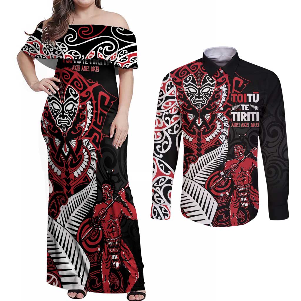 Aotearoa Toitu Te Tiriti Couples Matching Off Shoulder Maxi Dress and Long Sleeve Button Shirt Whakairo Wheku LT7 Black - Polynesian Pride