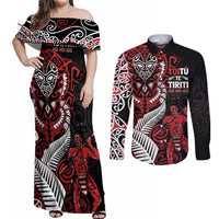 Aotearoa Toitu Te Tiriti Couples Matching Off Shoulder Maxi Dress and Long Sleeve Button Shirt Whakairo Wheku LT7 Black - Polynesian Pride