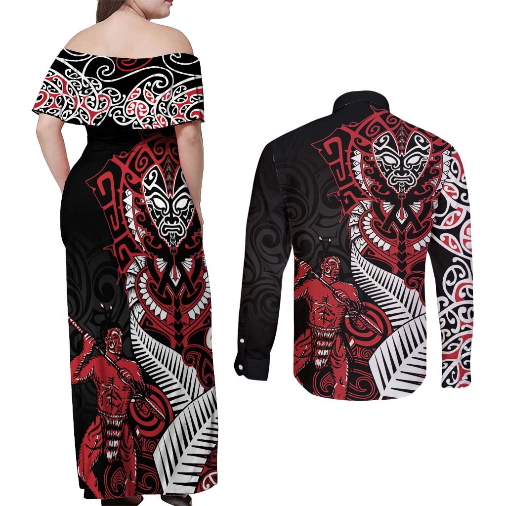 Aotearoa Toitu Te Tiriti Couples Matching Off Shoulder Maxi Dress and Long Sleeve Button Shirt Whakairo Wheku LT7 - Polynesian Pride