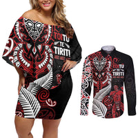 Aotearoa Toitu Te Tiriti Couples Matching Off Shoulder Short Dress and Long Sleeve Button Shirt Whakairo Wheku LT7 Black - Polynesian Pride