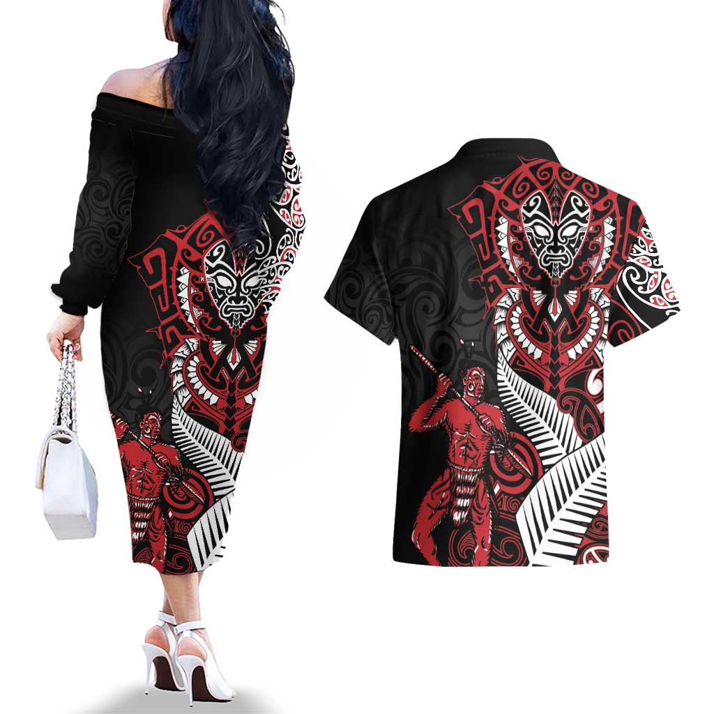 Aotearoa Toitu Te Tiriti Couples Matching Off The Shoulder Long Sleeve Dress and Hawaiian Shirt Whakairo Wheku