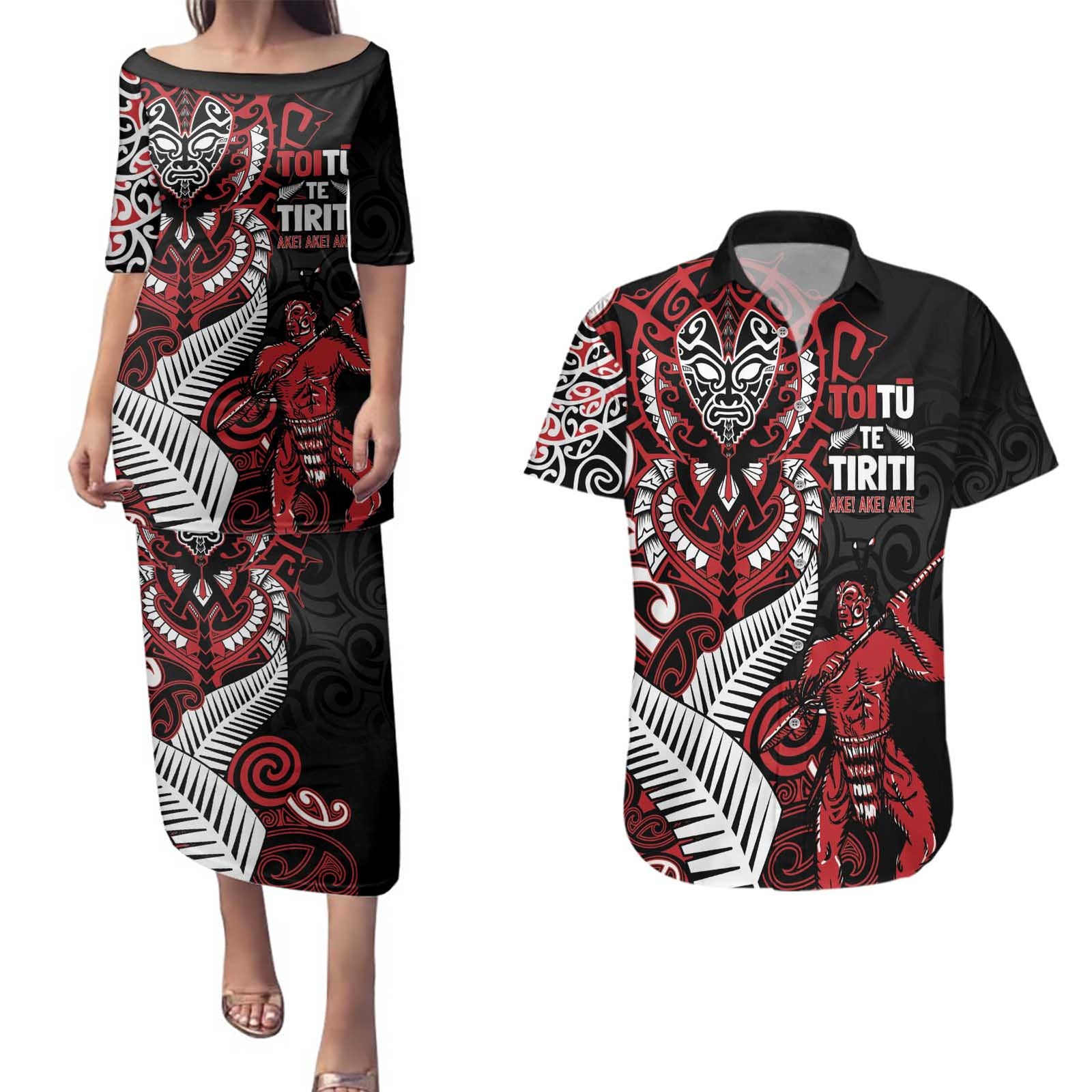 Aotearoa Toitu Te Tiriti Couples Matching Puletasi and Hawaiian Shirt Whakairo Wheku LT7 Black - Polynesian Pride