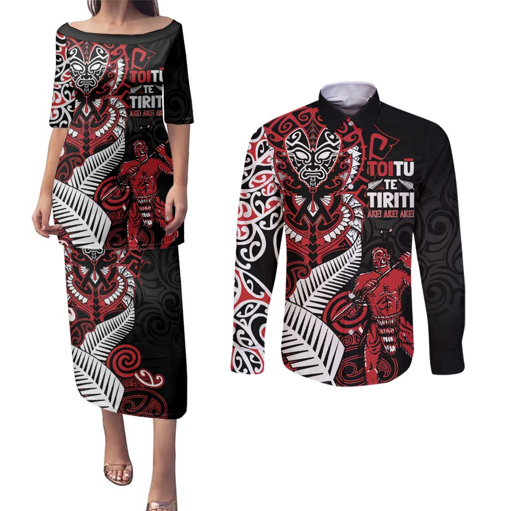 Aotearoa Toitu Te Tiriti Couples Matching Puletasi and Long Sleeve Button Shirt Whakairo Wheku LT7 Black - Polynesian Pride