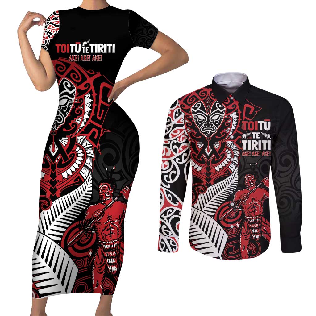 Aotearoa Toitu Te Tiriti Couples Matching Short Sleeve Bodycon Dress and Long Sleeve Button Shirt Whakairo Wheku LT7 Black - Polynesian Pride