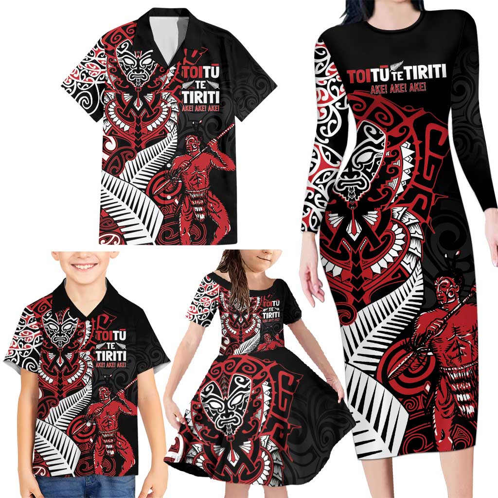 Aotearoa Toitu Te Tiriti Family Matching Long Sleeve Bodycon Dress and Hawaiian Shirt Whakairo Wheku