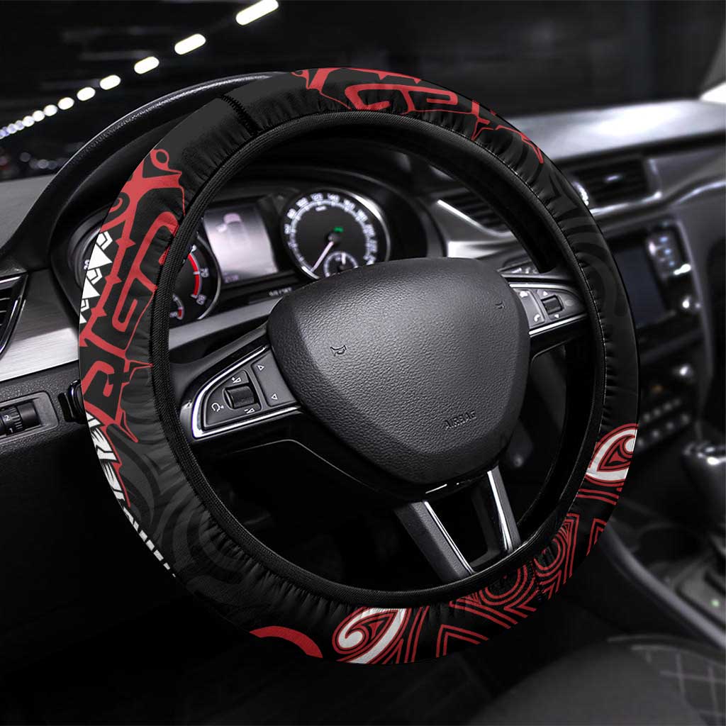 Aotearoa Toitu Te Tiriti Steering Wheel Cover Whakairo Wheku LT7 Universal Fit Black - Polynesian Pride