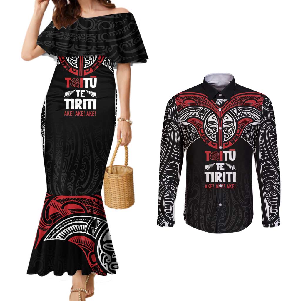 Aotearoa Maori Personalized Couples Matching Mermaid Dress and Long Sleeve Button Shirt Toitu Te Tiriti Ake! Ake! Ake! LT7 Black - Polynesian Pride