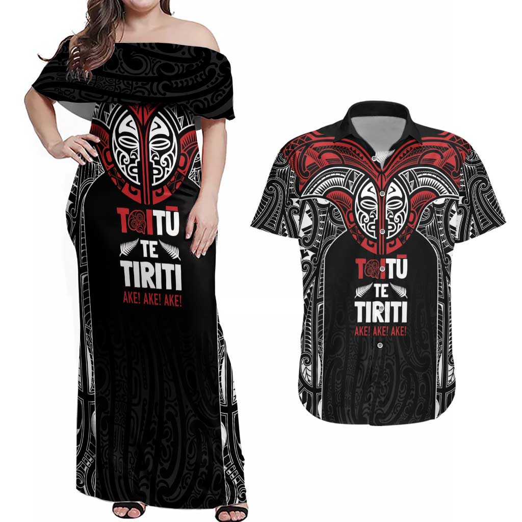 Aotearoa Maori Personalized Couples Matching Off Shoulder Maxi Dress and Hawaiian Shirt Toitu Te Tiriti Ake! Ake! Ake!