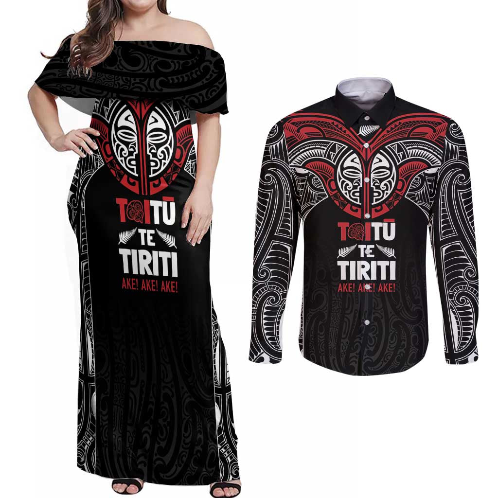 Aotearoa Maori Personalized Couples Matching Off Shoulder Maxi Dress and Long Sleeve Button Shirt Toitu Te Tiriti Ake! Ake! Ake! LT7 Black - Polynesian Pride
