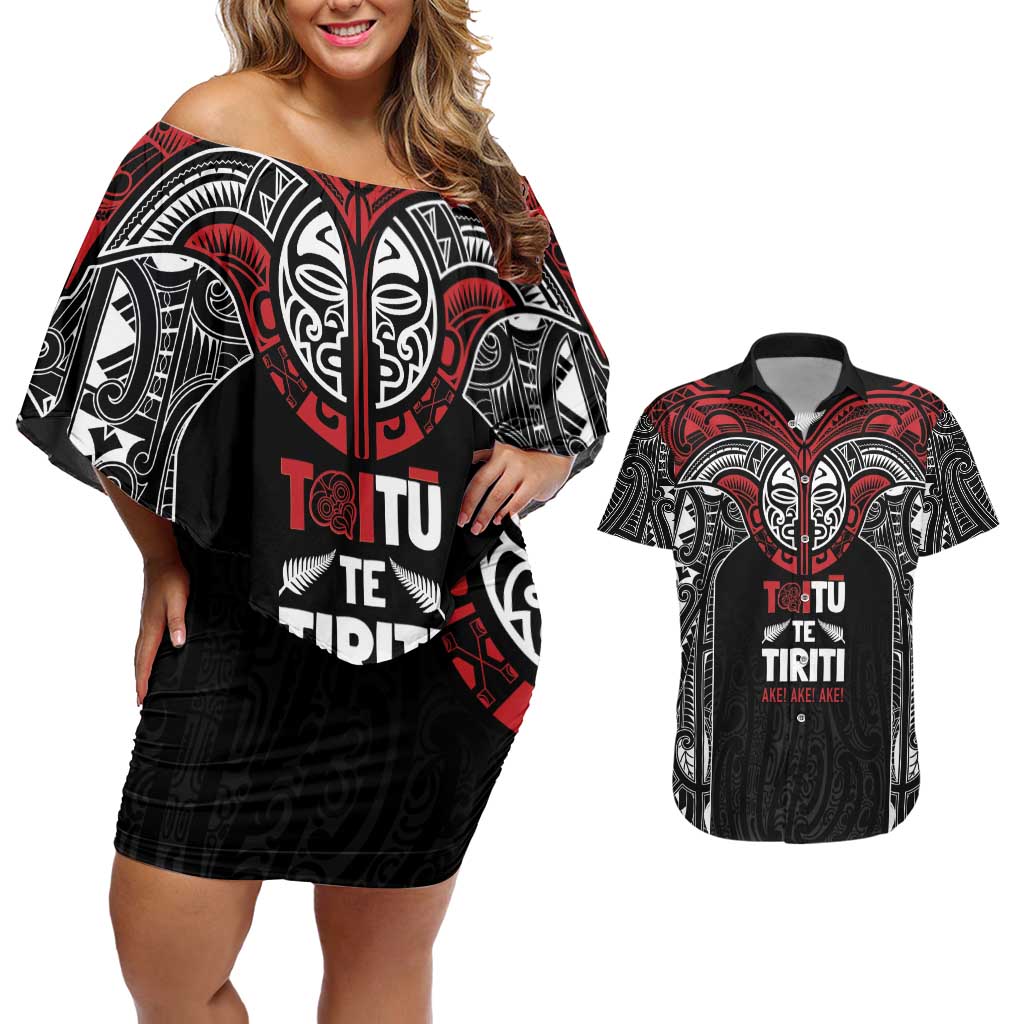 Aotearoa Maori Personalized Couples Matching Off Shoulder Short Dress and Hawaiian Shirt Toitu Te Tiriti Ake! Ake! Ake! LT7 Black - Polynesian Pride