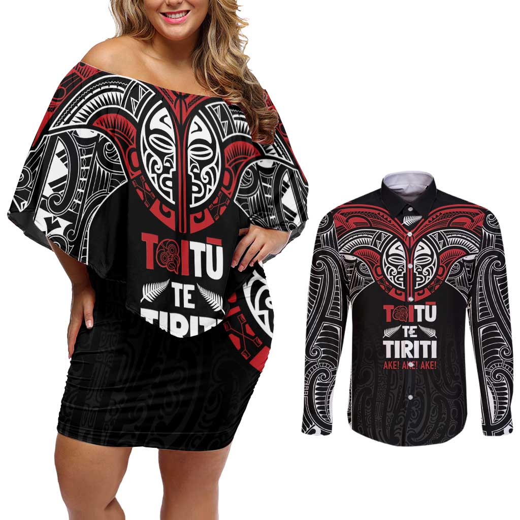 Aotearoa Maori Personalized Couples Matching Off Shoulder Short Dress and Long Sleeve Button Shirt Toitu Te Tiriti Ake! Ake! Ake! LT7 Black - Polynesian Pride