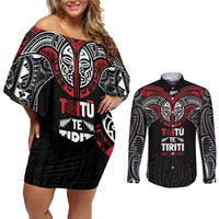 Aotearoa Maori Personalized Couples Matching Off Shoulder Short Dress and Long Sleeve Button Shirt Toitu Te Tiriti Ake! Ake! Ake! LT7 Black - Polynesian Pride