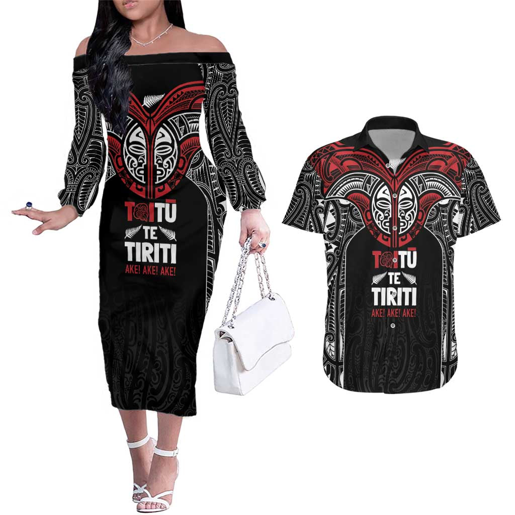 Aotearoa Maori Personalized Couples Matching Off The Shoulder Long Sleeve Dress and Hawaiian Shirt Toitu Te Tiriti Ake! Ake! Ake! LT7 Black - Polynesian Pride