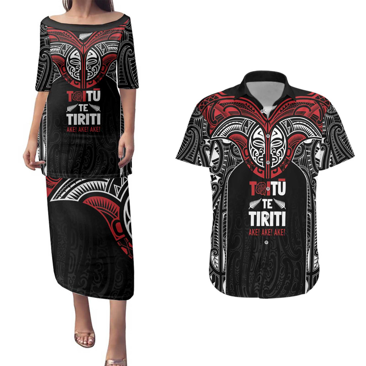 Aotearoa Maori Personalized Couples Matching Puletasi and Hawaiian Shirt Toitu Te Tiriti Ake! Ake! Ake! LT7 Black - Polynesian Pride