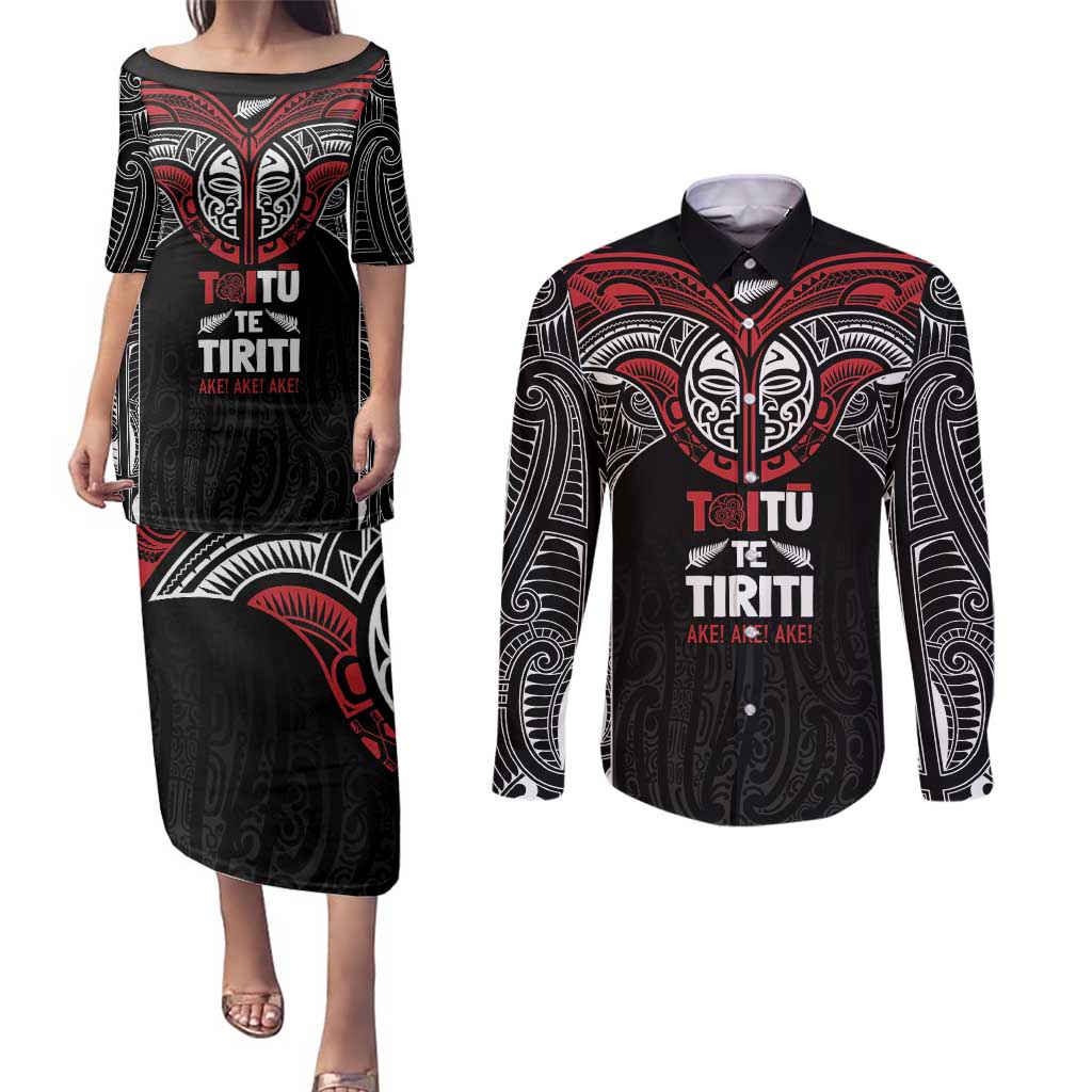 Aotearoa Maori Personalized Couples Matching Puletasi and Long Sleeve Button Shirt Toitu Te Tiriti Ake! Ake! Ake! LT7 Black - Polynesian Pride