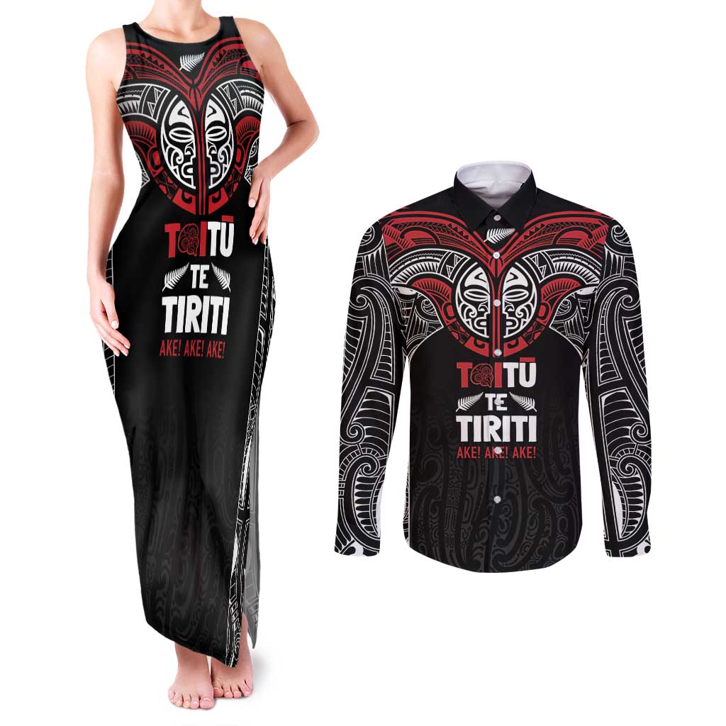 Aotearoa Maori Personalized Couples Matching Tank Maxi Dress and Long Sleeve Button Shirt Toitu Te Tiriti Ake! Ake! Ake! LT7 Black - Polynesian Pride