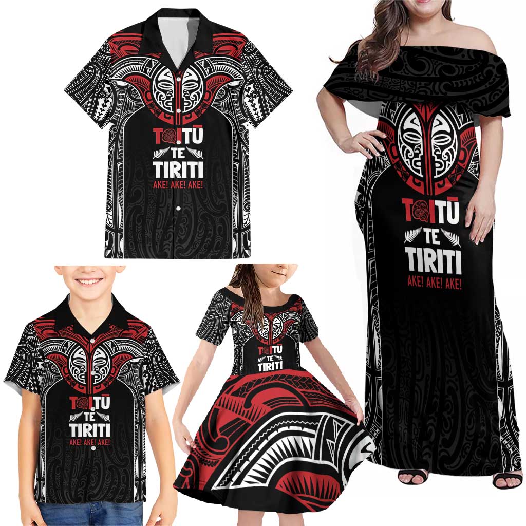 Aotearoa Maori Personalized Family Matching Off Shoulder Maxi Dress and Hawaiian Shirt Toitu Te Tiriti Ake! Ake! Ake!