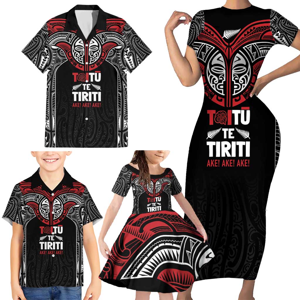 Aotearoa Maori Personalized Family Matching Short Sleeve Bodycon Dress and Hawaiian Shirt Toitu Te Tiriti Ake! Ake! Ake!