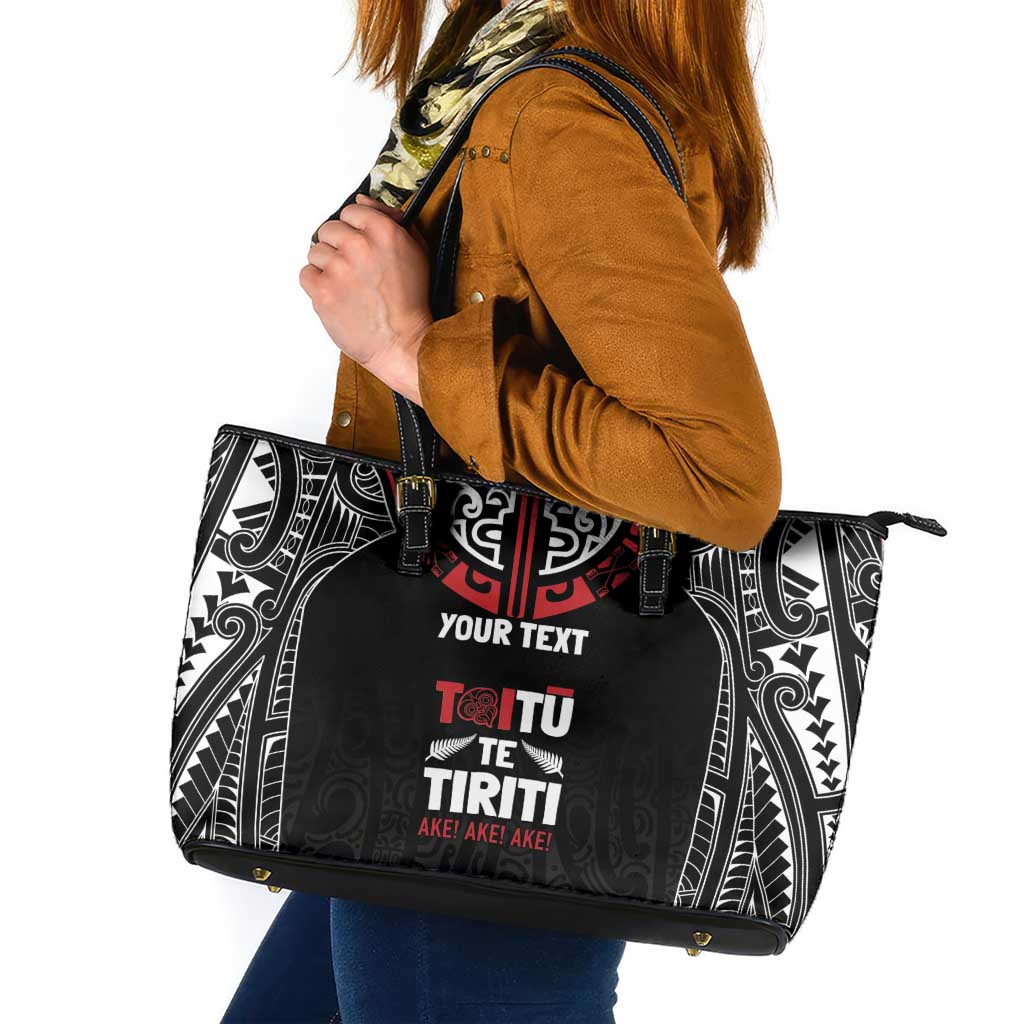 Aotearoa Maori Personalized Leather Tote Bag Toitu Te Tiriti Ake! Ake! Ake! LT7 Black - Polynesian Pride