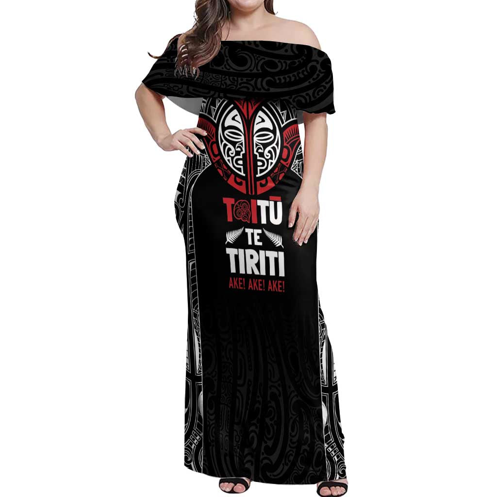 Aotearoa Maori Personalized Off Shoulder Maxi Dress Toitu Te Tiriti Ake! Ake! Ake! LT7 Women Black - Polynesian Pride