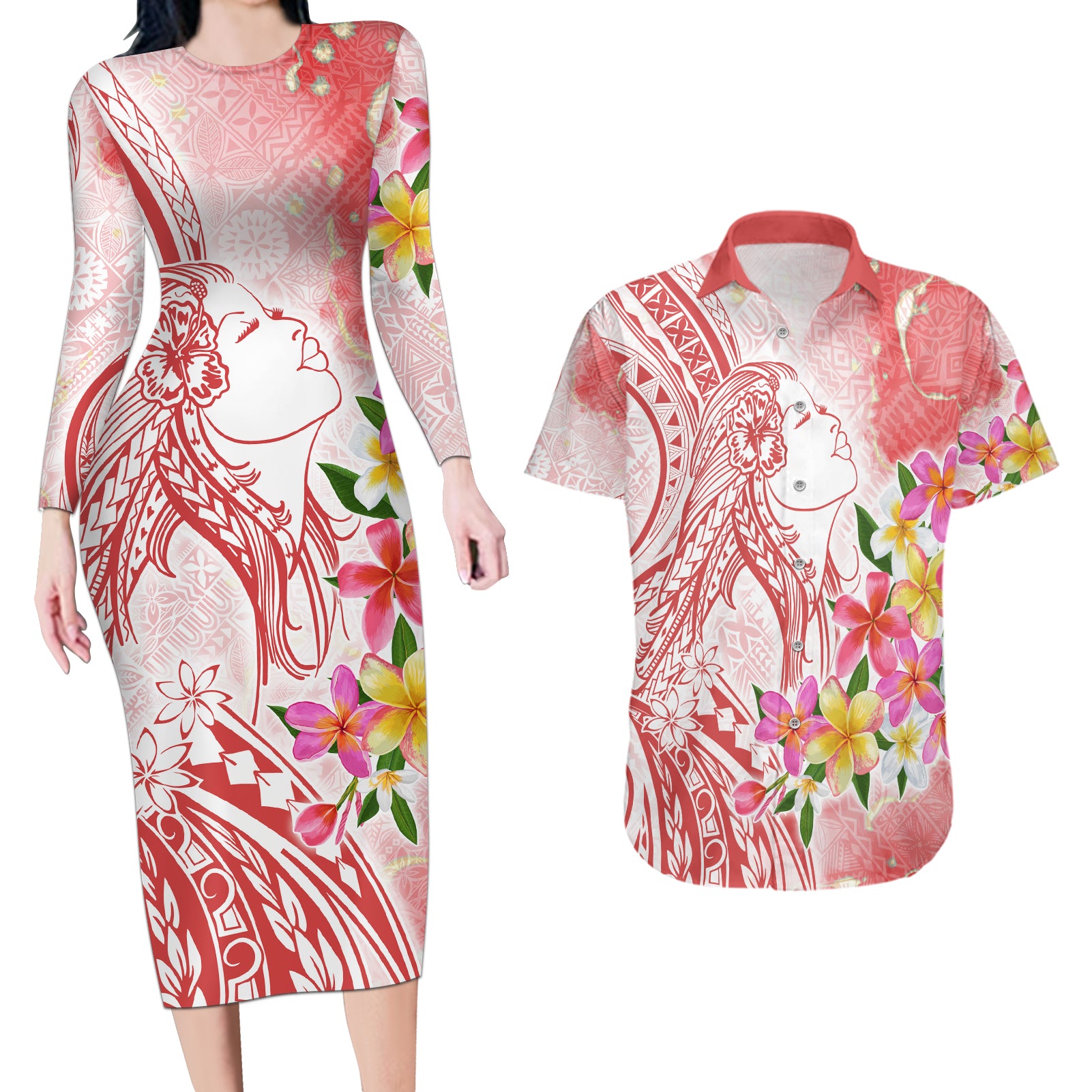 Polynesian Women's Day Wahine Couples Matching Long Sleeve Bodycon Dress and Hawaiian Shirt Plumeria Marble Glaze - Pink LT7 Pink - Polynesian Pride