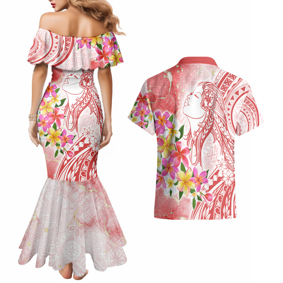 Polynesian Women's Day Wahine Couples Matching Mermaid Dress and Hawaiian Shirt Plumeria Marble Glaze - Pink LT7 - Polynesian Pride