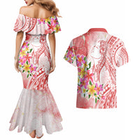 Polynesian Women's Day Wahine Couples Matching Mermaid Dress and Hawaiian Shirt Plumeria Marble Glaze - Pink LT7 - Polynesian Pride
