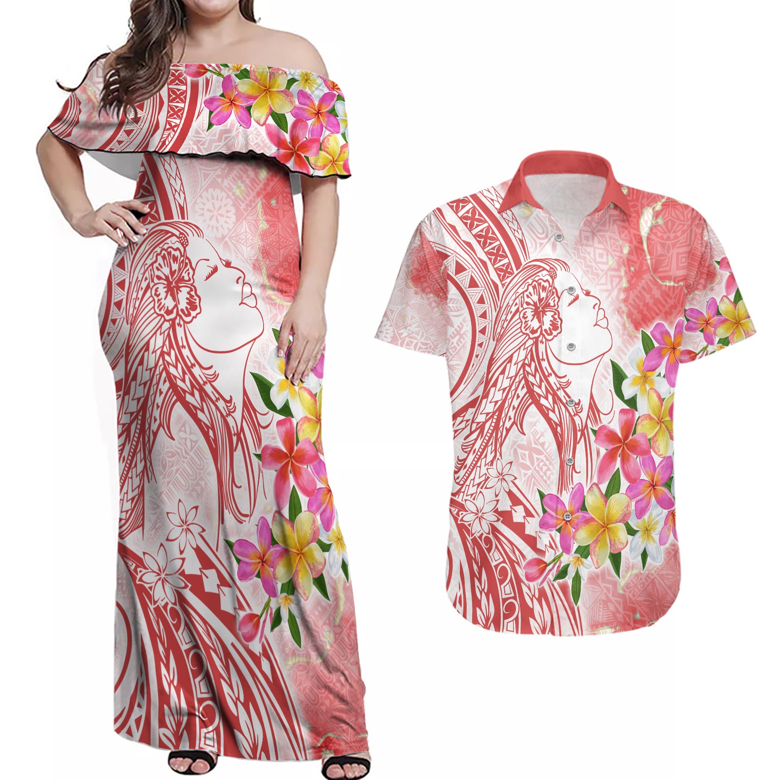 Polynesian Women's Day Wahine Couples Matching Off Shoulder Maxi Dress and Hawaiian Shirt Plumeria Marble Glaze - Pink LT7 Pink - Polynesian Pride