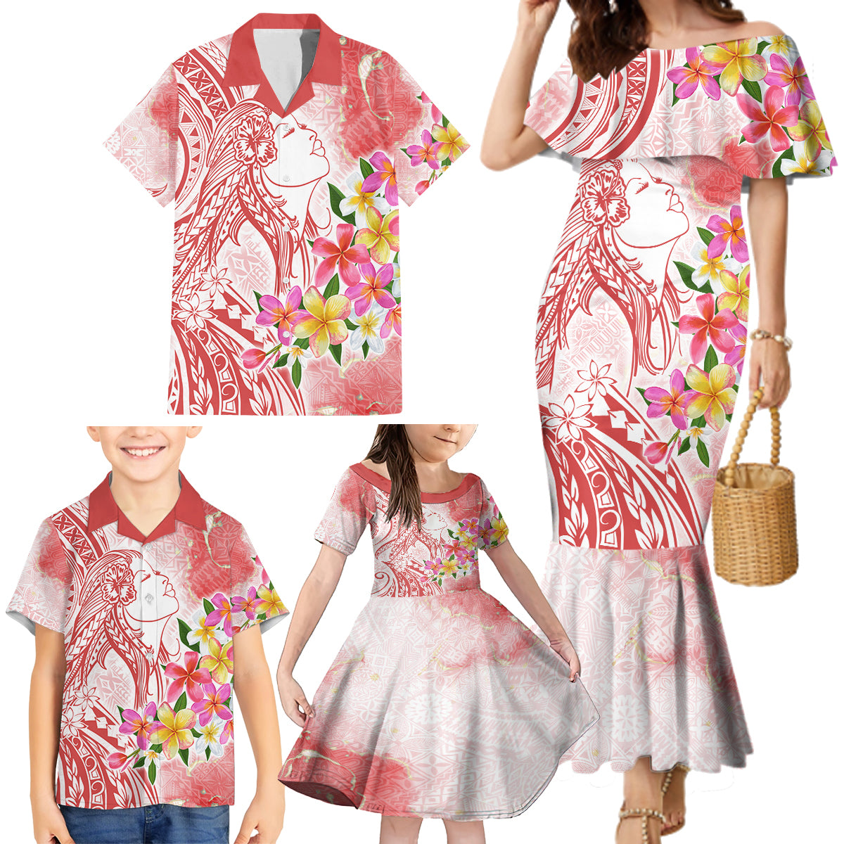 Polynesian Women's Day Wahine Family Matching Mermaid Dress and Hawaiian Shirt Plumeria Marble Glaze - Pink LT7 - Polynesian Pride