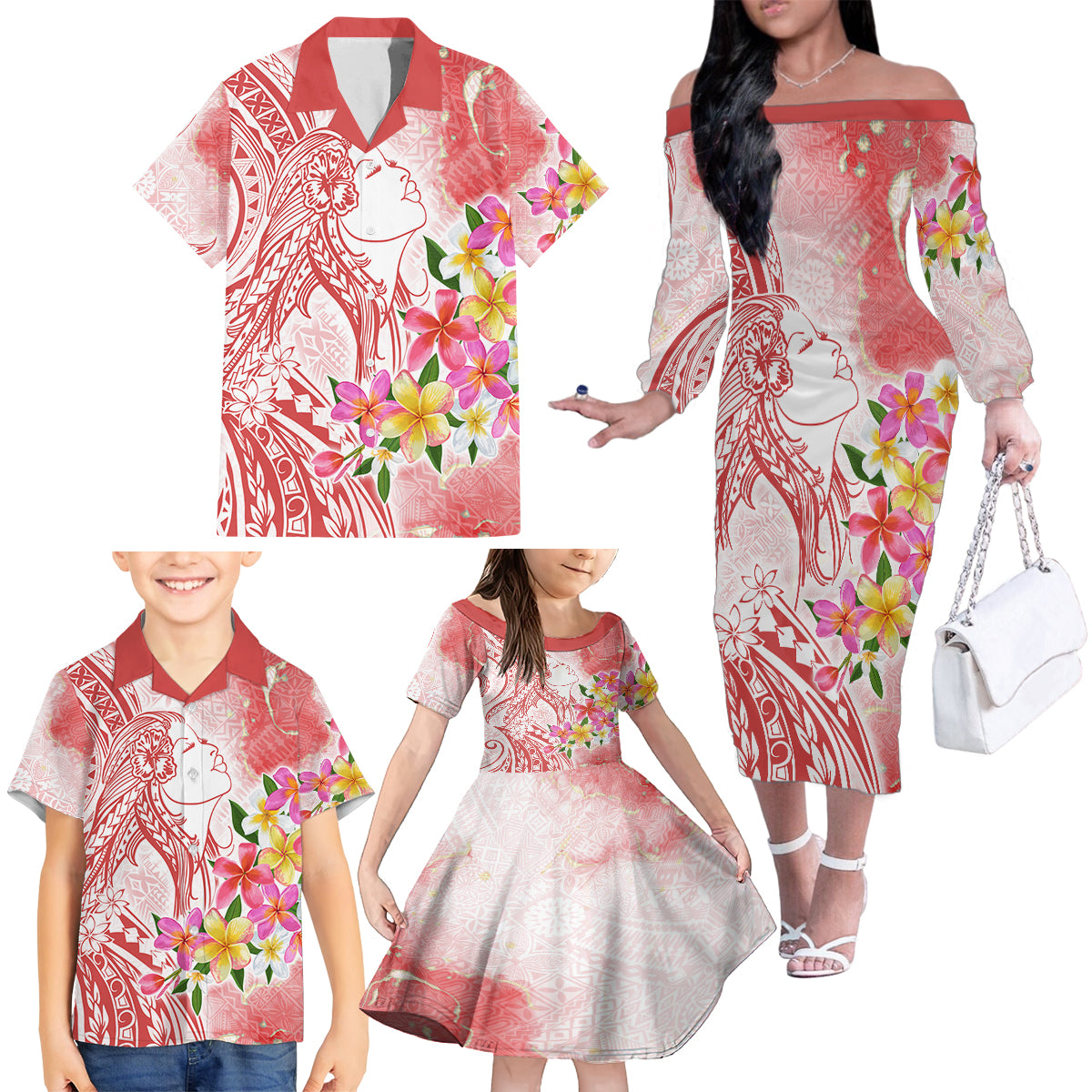 Polynesian Women's Day Wahine Family Matching Off Shoulder Long Sleeve Dress and Hawaiian Shirt Plumeria Marble Glaze - Pink LT7 - Polynesian Pride