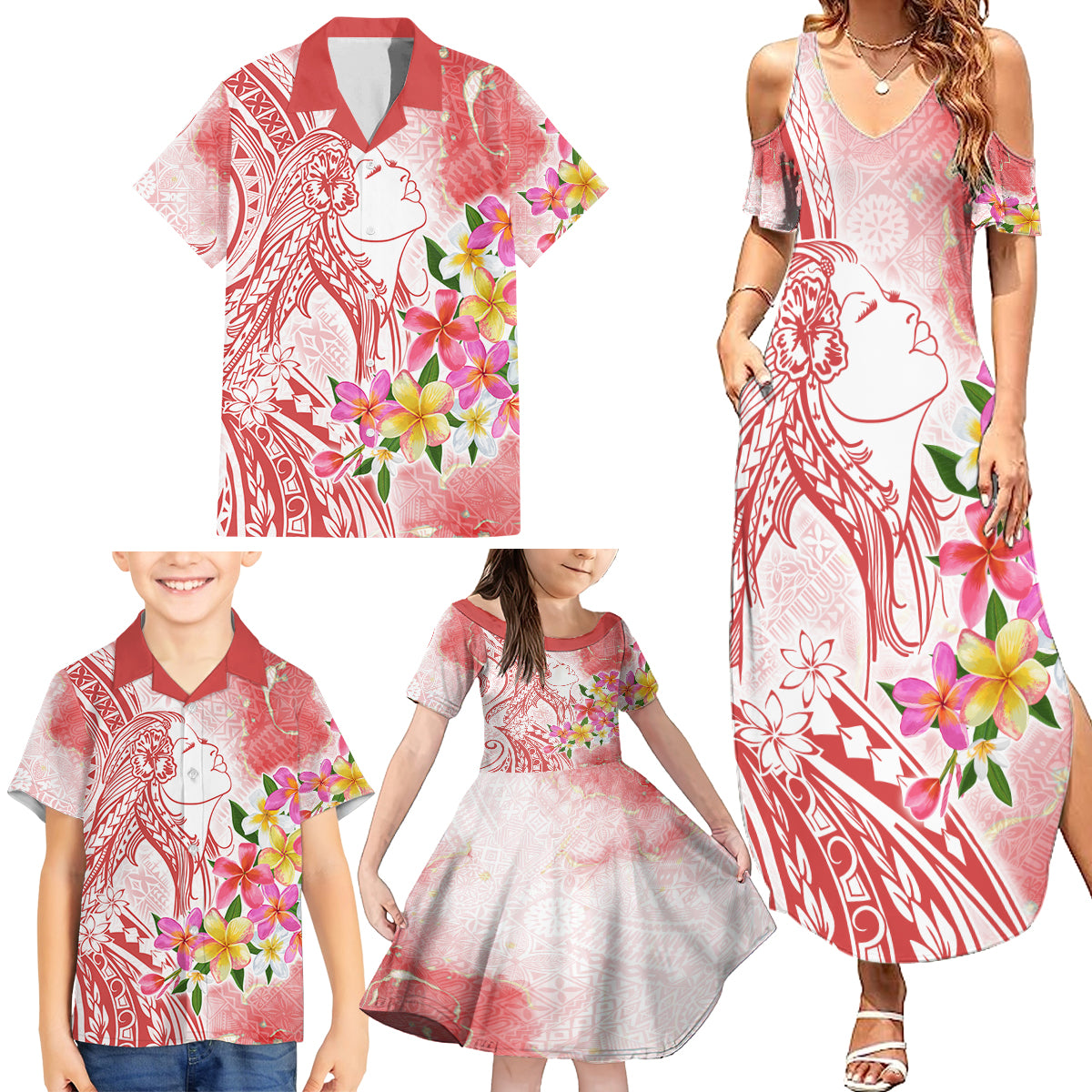 Polynesian Women's Day Wahine Family Matching Summer Maxi Dress and Hawaiian Shirt Plumeria Marble Glaze - Pink LT7 - Polynesian Pride