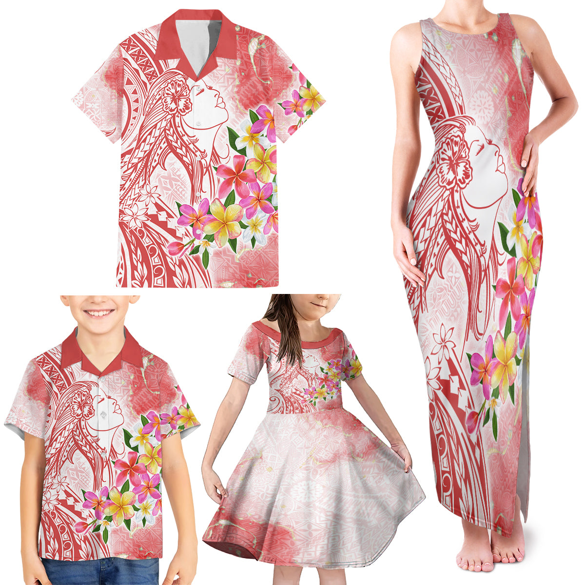 Polynesian Women's Day Wahine Family Matching Tank Maxi Dress and Hawaiian Shirt Plumeria Marble Glaze - Pink LT7 - Polynesian Pride