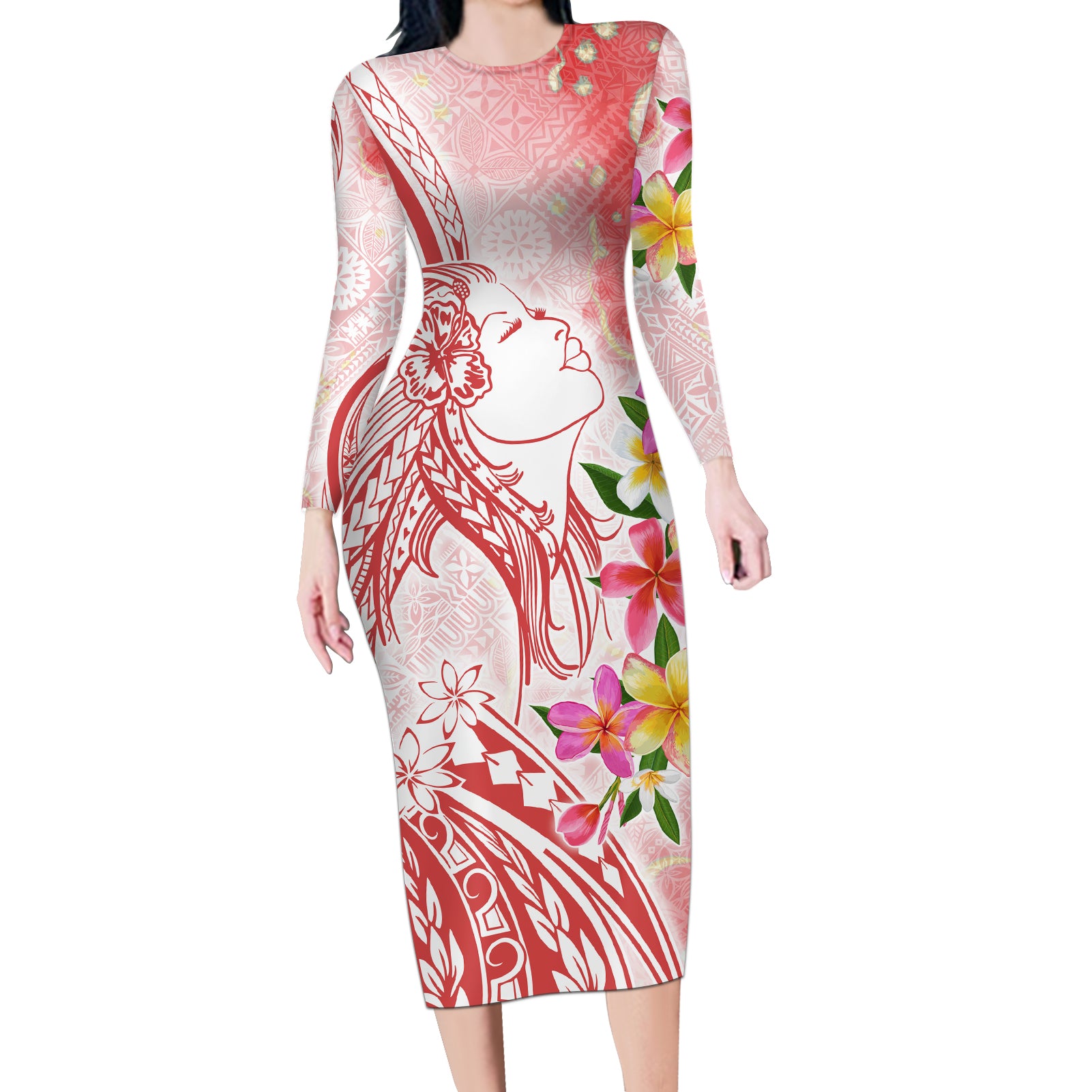 Polynesian Women's Day Wahine Long Sleeve Bodycon Dress Plumeria Marble Glaze - Pink LT7 Long Dress Pink - Polynesian Pride