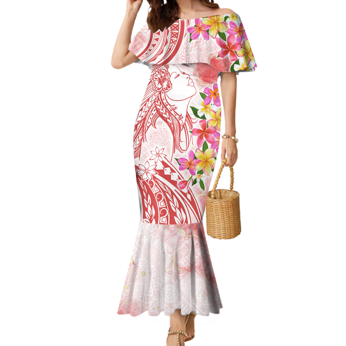 Polynesian Women's Day Wahine Mermaid Dress Plumeria Marble Glaze - Pink LT7 Women Pink - Polynesian Pride