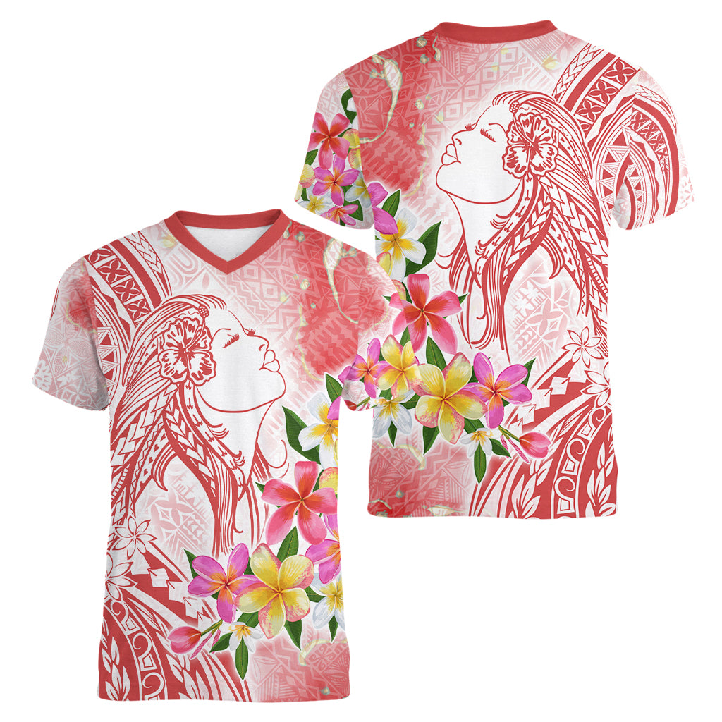 Polynesian Women's Day Wahine Women V Neck T Shirt Plumeria Marble Glaze - Pink LT7 - Polynesian Pride