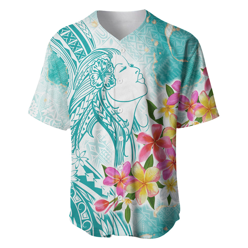 Polynesian Women's Day Wahine Baseball Jersey Plumeria Marble Glaze - Teal LT7 Teal - Polynesian Pride