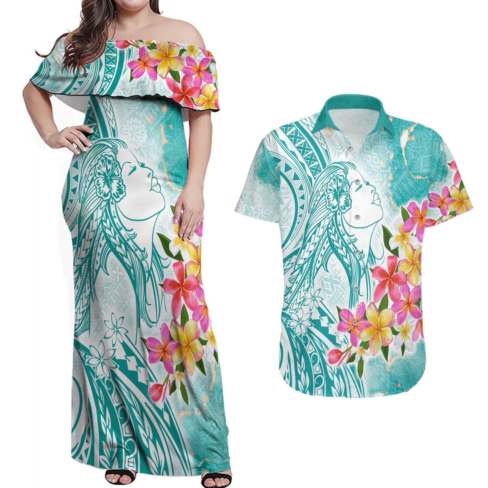Polynesian Women's Day Wahine Couples Matching Off Shoulder Maxi Dress and Hawaiian Shirt Plumeria Marble Glaze - Teal LT7 Teal - Polynesian Pride