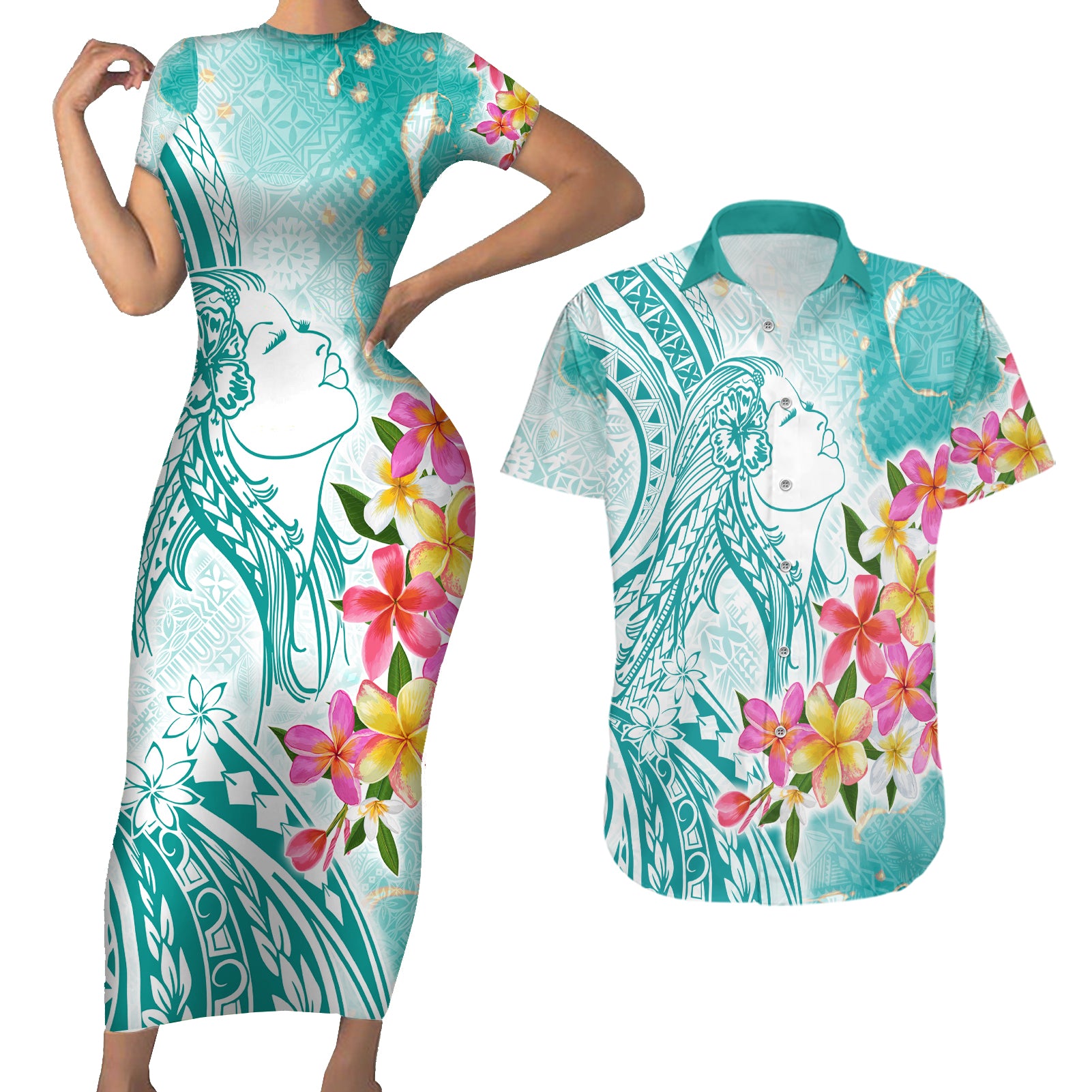 Polynesian Women's Day Wahine Couples Matching Short Sleeve Bodycon Dress and Hawaiian Shirt Plumeria Marble Glaze - Teal LT7 Teal - Polynesian Pride