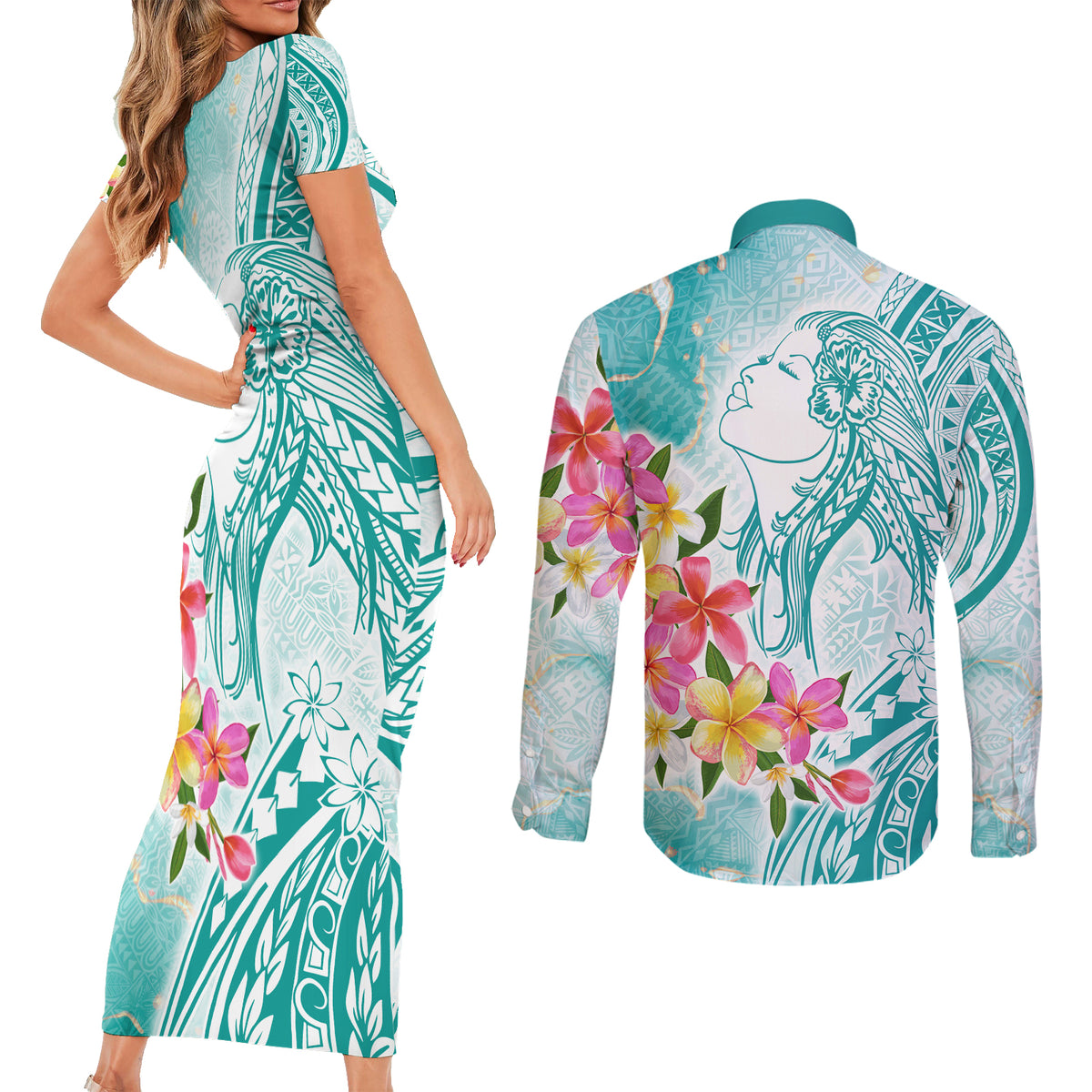 Polynesian Women's Day Wahine Couples Matching Short Sleeve Bodycon Dress and Long Sleeve Button Shirt Plumeria Marble Glaze - Teal LT7 - Polynesian Pride