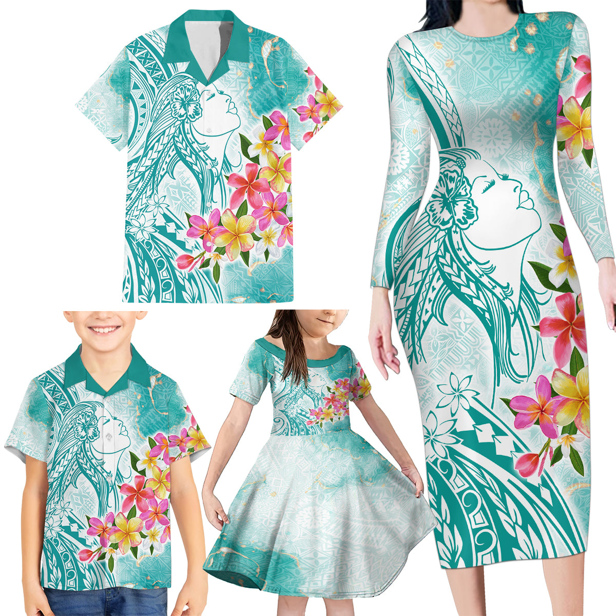 Polynesian Women's Day Wahine Family Matching Long Sleeve Bodycon Dress and Hawaiian Shirt Plumeria Marble Glaze - Teal LT7 - Polynesian Pride