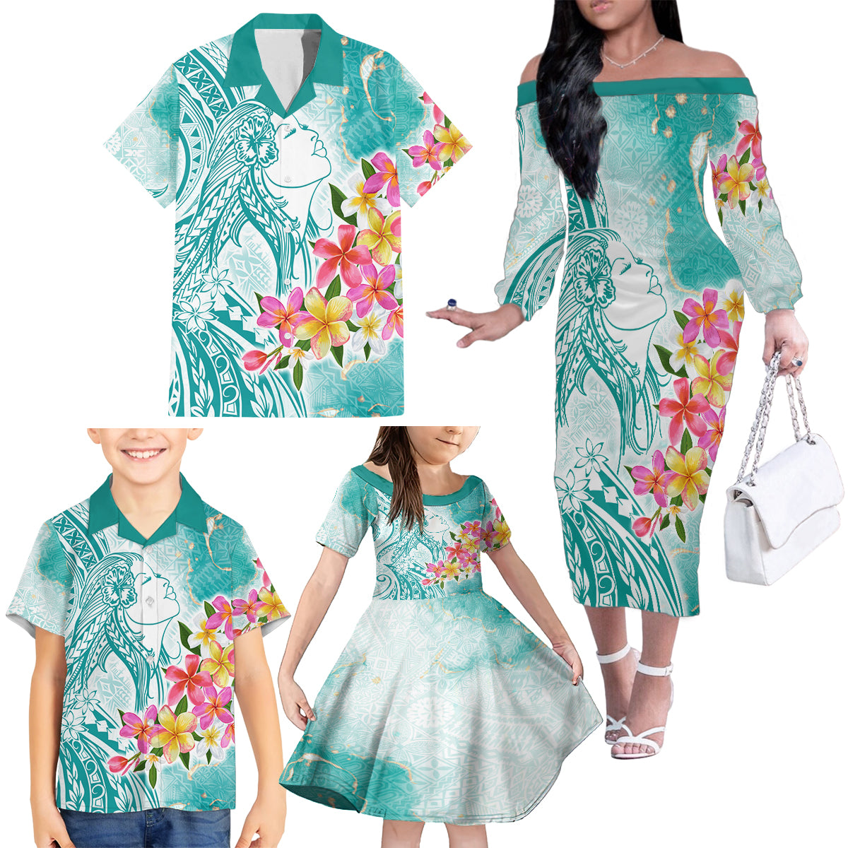 Polynesian Women's Day Wahine Family Matching Off Shoulder Long Sleeve Dress and Hawaiian Shirt Plumeria Marble Glaze - Teal LT7 - Polynesian Pride