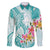 Polynesian Women's Day Wahine Family Matching Off Shoulder Long Sleeve Dress and Hawaiian Shirt Plumeria Marble Glaze - Teal LT7 Dad's Shirt - Long Sleeve Teal - Polynesian Pride