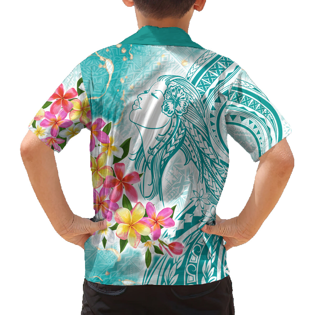 Polynesian Women's Day Wahine Family Matching Off Shoulder Maxi Dress and Hawaiian Shirt Plumeria Marble Glaze - Teal LT7 - Polynesian Pride