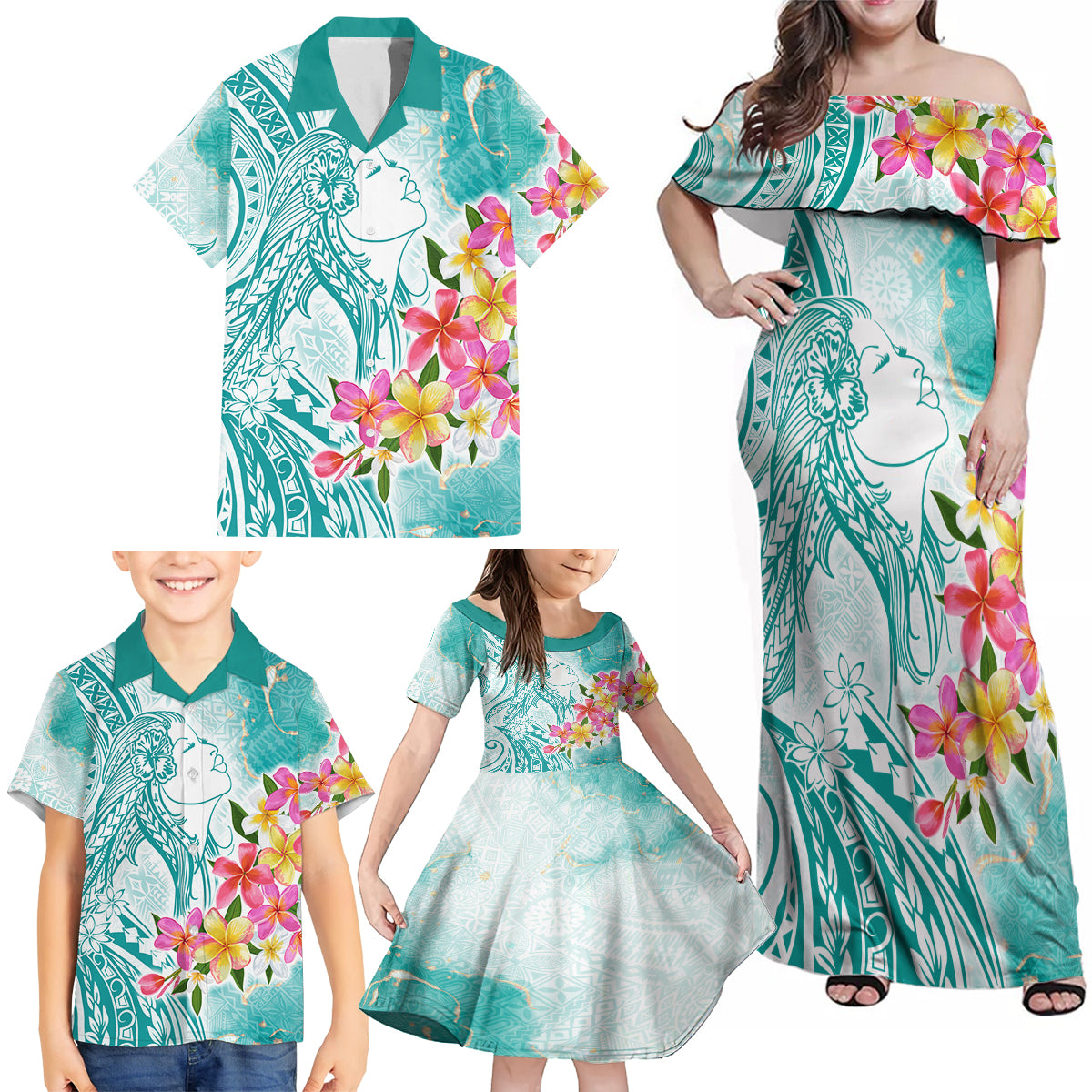 Polynesian Women's Day Wahine Family Matching Off Shoulder Maxi Dress and Hawaiian Shirt Plumeria Marble Glaze - Teal LT7 - Polynesian Pride