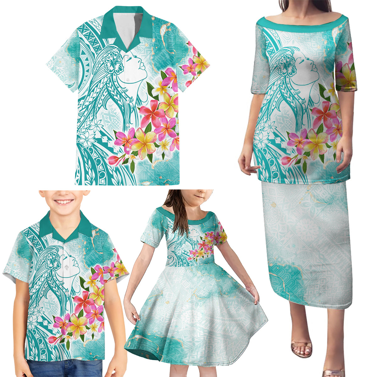 Polynesian Women's Day Wahine Family Matching Puletasi and Hawaiian Shirt Plumeria Marble Glaze - Teal LT7 - Polynesian Pride