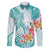 Polynesian Women's Day Wahine Family Matching Puletasi and Hawaiian Shirt Plumeria Marble Glaze - Teal LT7 Dad's Shirt - Long Sleeve Teal - Polynesian Pride