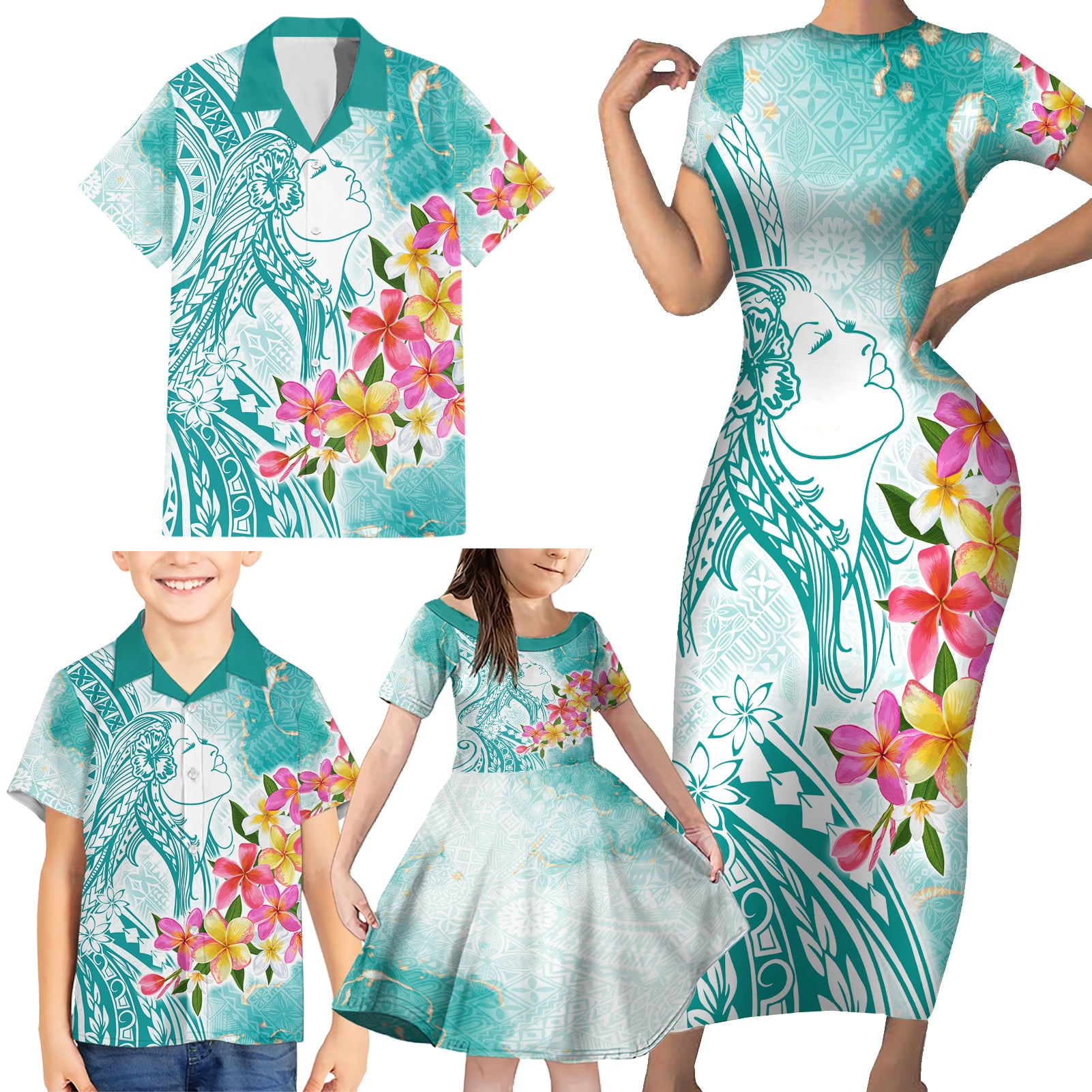 Polynesian Women's Day Wahine Family Matching Short Sleeve Bodycon Dress and Hawaiian Shirt Plumeria Marble Glaze - Teal LT7 - Polynesian Pride