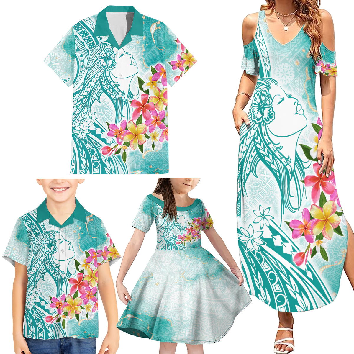 Polynesian Women's Day Wahine Family Matching Summer Maxi Dress and Hawaiian Shirt Plumeria Marble Glaze - Teal LT7 - Polynesian Pride