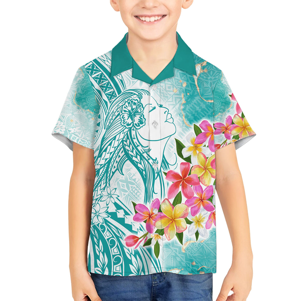 Polynesian Women's Day Wahine Family Matching Summer Maxi Dress and Hawaiian Shirt Plumeria Marble Glaze - Teal LT7 Son's Shirt Teal - Polynesian Pride